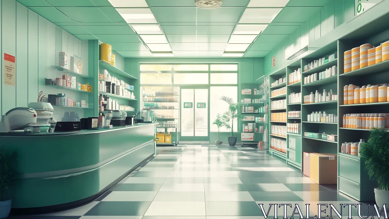 Bright, orderly pharmacy interior with stocked green shelves