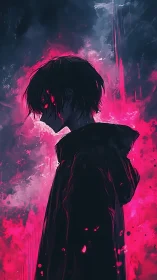 Dark hooded anime figure framed by neon pink energy glow.