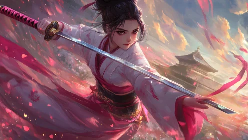 Petalstorm samurai heroine carving dusk with steel grace.