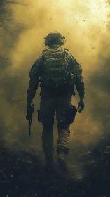 Lone soldier strides through war-torn smoke and burning haze