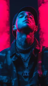 Bicolor neon portrait with tactical attire and vapor plumes.