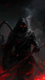 Hooded skeletal reaper holding scythe in dark red glow.