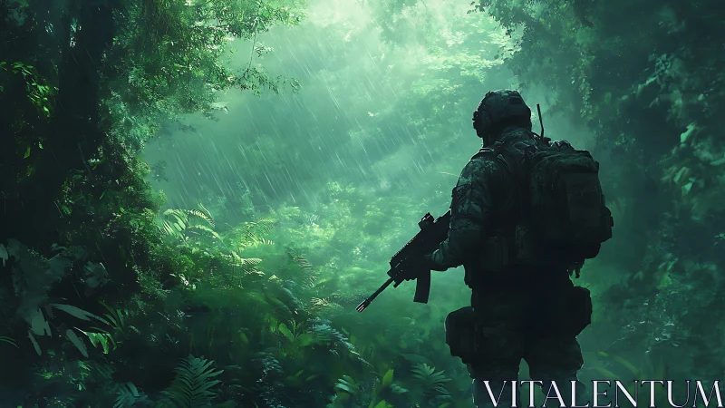 Lone soldier explores a misty emerald jungle passage.