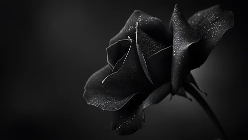 Black rose macro reveals dewdrops on velvety petals