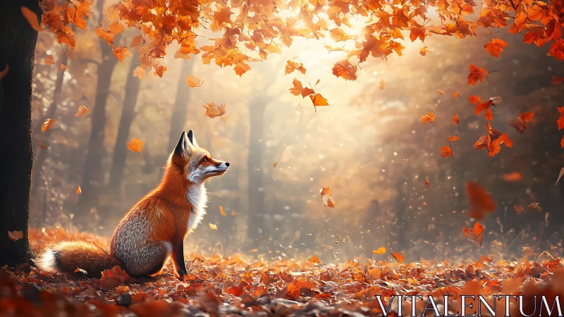 Autumn fox watches falling leaves in glowing forest light.