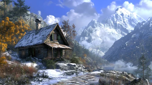 Snow-dusted cabin leans into towering, cloud-wrapped peaks