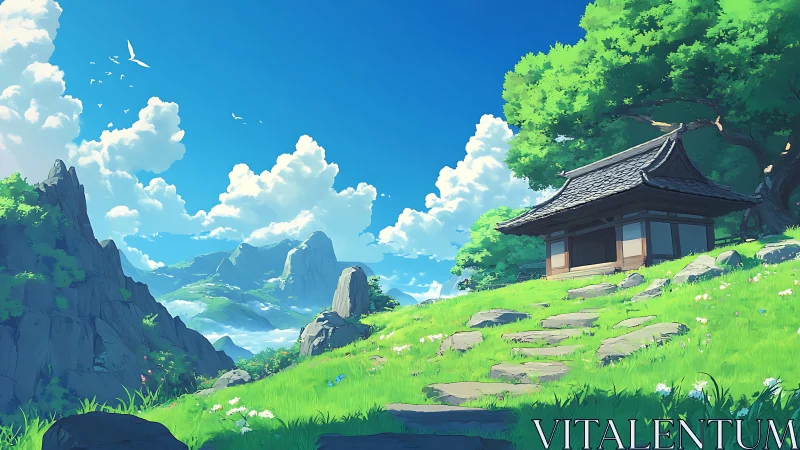 Sunlit mountain shrine stands against expansive cloudscape