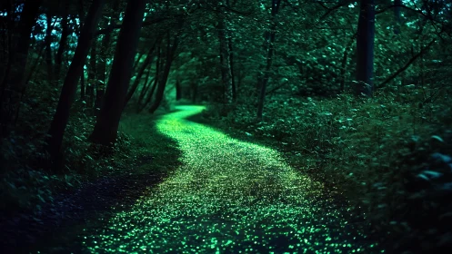 Curved forest trail illuminated by dense green bioluminescent particles