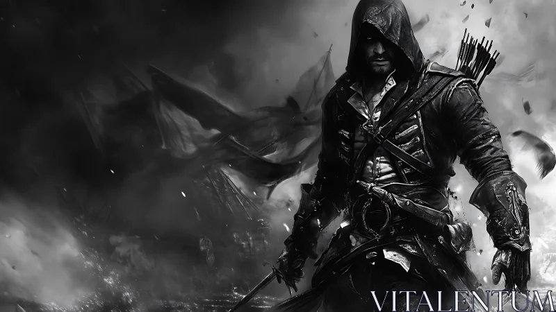 Hooded rogue strides through war-torn ash and tattered flags.