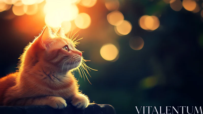 Orange cat bathed in warm golden light gazes upward.