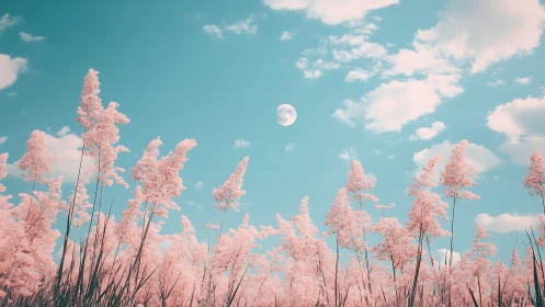 Pink grass field under blue sky with moon at mid distance.