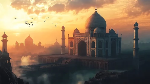 Sunlit marble kingdom rising through dreamy river mist.