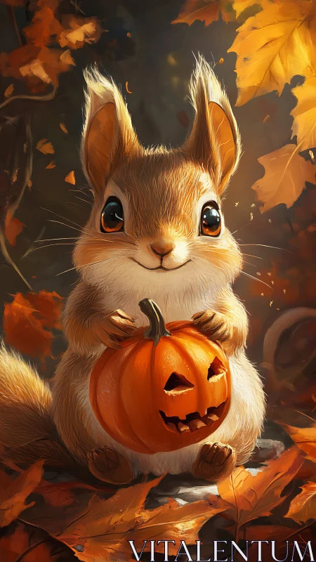 Cute squirrel holding carved pumpkin in autumn forest.