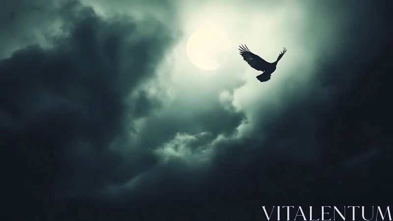Silhouetted bird soars across full moon in stormy night sky.