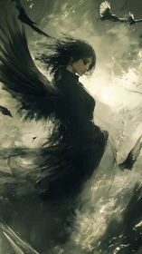 Stormlit raven angel drifts between twilight and abyss