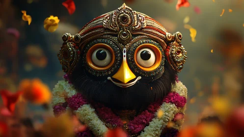 Ornate deity-inspired character amid drifting flower petals.