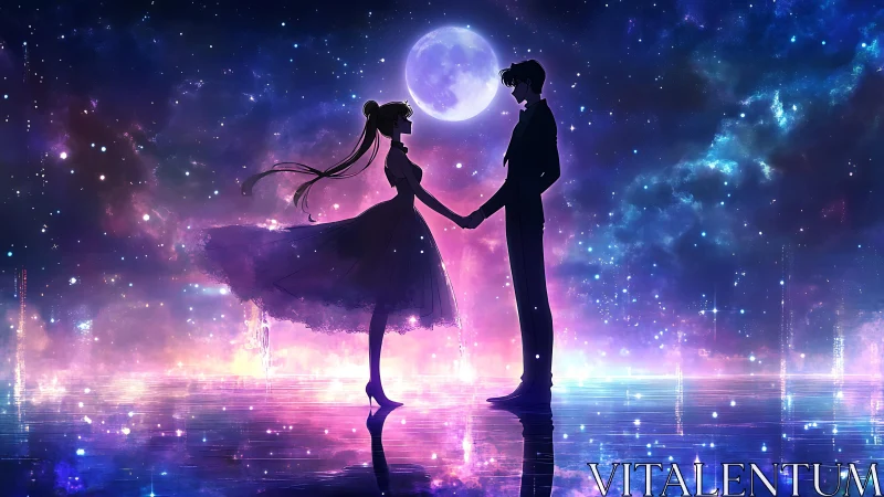 Moonlit anime couple share a dreamlike cosmic embrace.