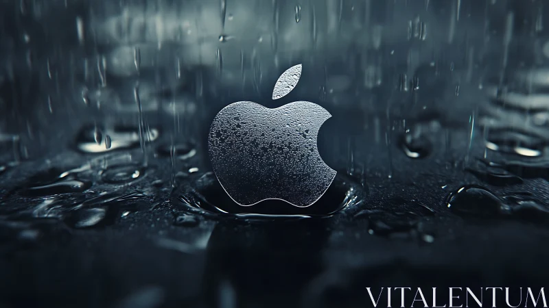 Metallic apple emblem emerges through cinematic rainfall.
