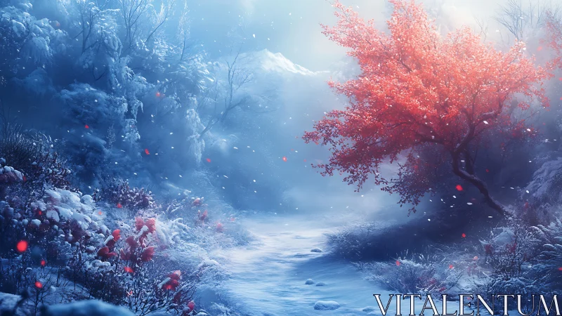 Crimson tree gently brightens a quiet enchanted winter path