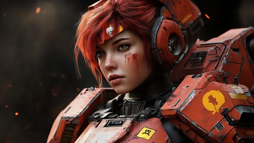 Battle-scarred redheaded mech pilot stares through drifting embers