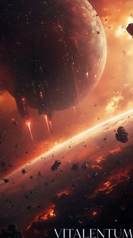 Fiery planet and drifting asteroids in a cosmic dusk.