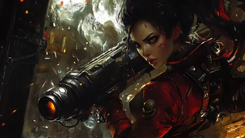 Storm-lit gunner queen strides through shrapnel and smoke.