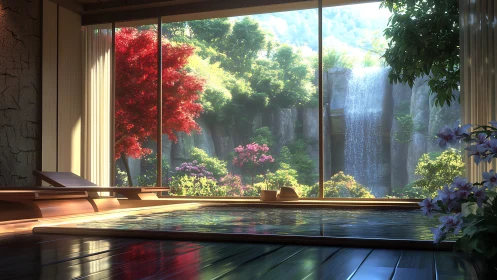 Indoor spa pool facing lush garden with waterfall view.