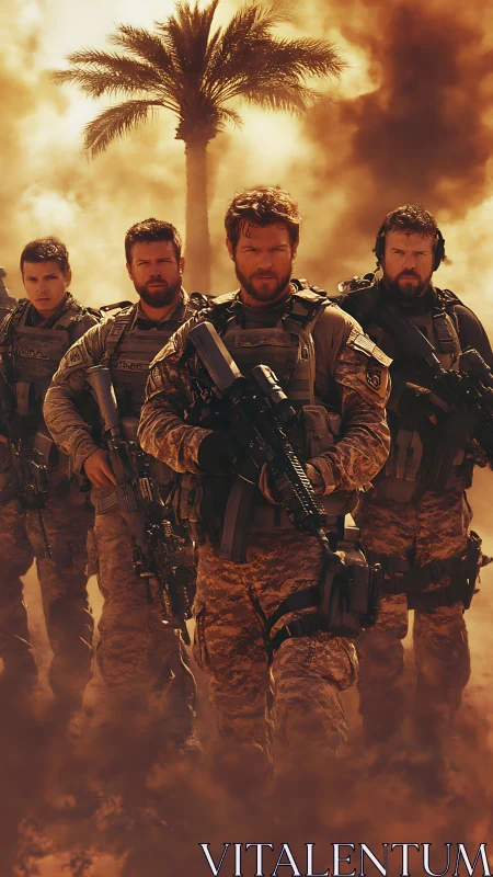 Four armed soldiers in desert combat gear amid smoke clouds.