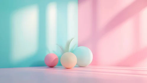 Pastel spheres and fronds form a minimal 3D studio composition