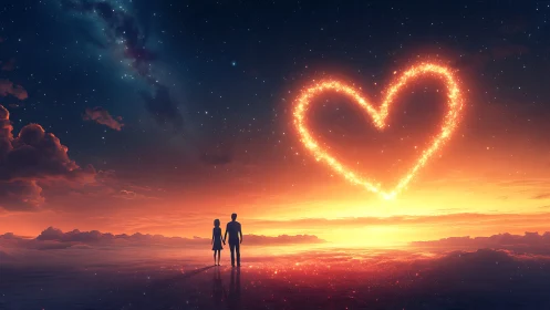 Silhouetted figures beneath incandescent heart in nocturnal sky.