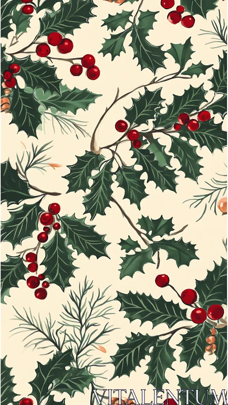 Holly berry tangle on winter cream holiday canvas pattern.