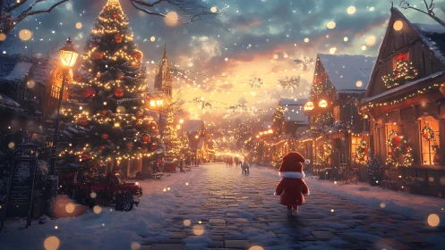 Snowy village street with child in red coat at Christmas.