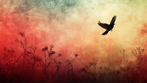 Silhouetted bird crosses textured gradient sky at dusk