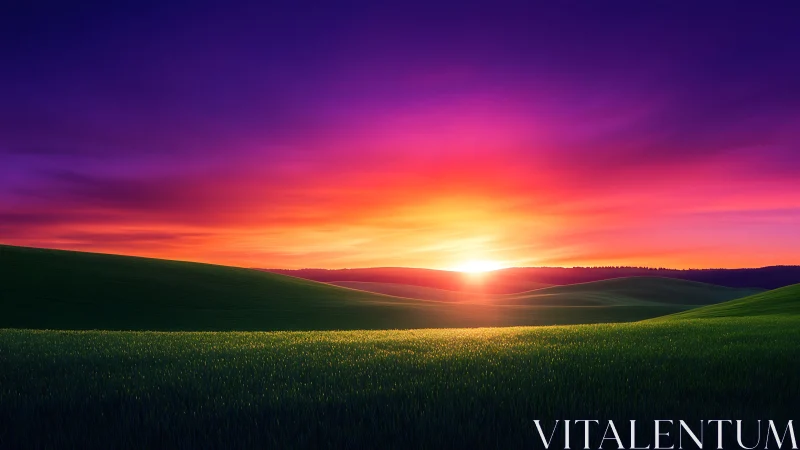 Vivid digital sunset over rolling green countryside hills.