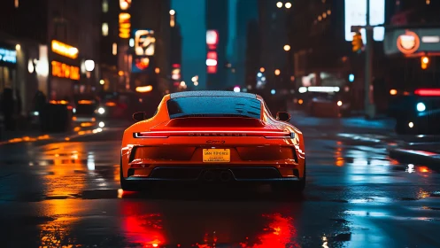 Red sports car moves through wet city street at night