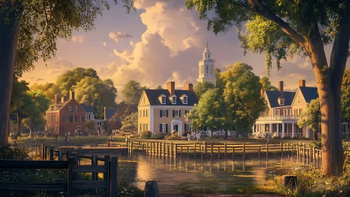 Sunlit riverside village with inviting historic homes.