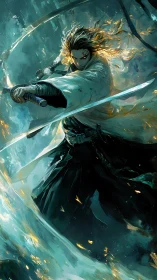 Warrior wielding twin blades amid swirling elemental storm