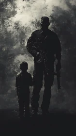 Shadowed guardian and child beneath a storm-torn sky.