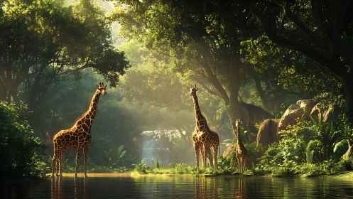 Giraffes standing by a forest waterfall in soft sunlight.