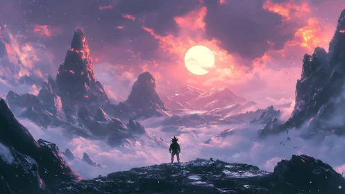 Lone cosmic warrior under molten sunrise over misted peaks.