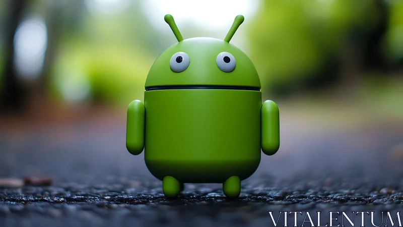 Playful green android mascot stands on a blurred forest path