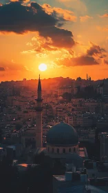 Sunset over domed mosque and minaret in dense hillside cityscape
