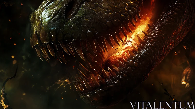 Thermal-ignited tyrannosaur jaw in extreme macro predation profile.