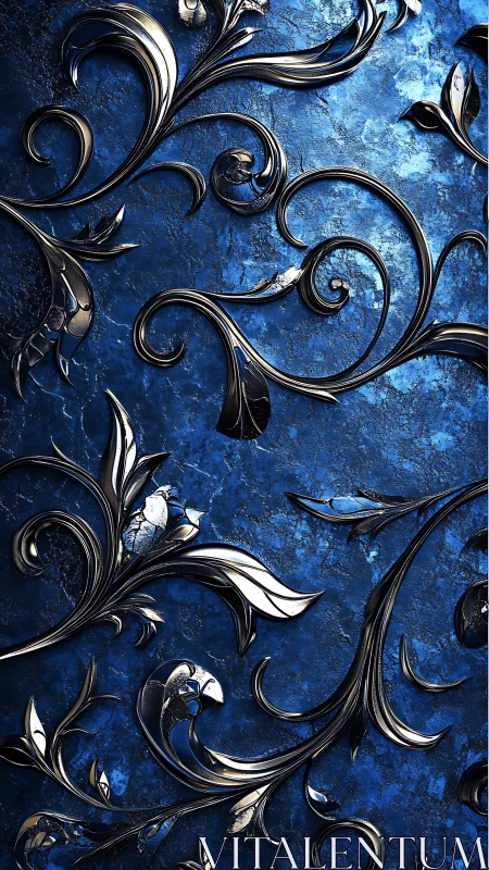 3D metallic botanical scrollwork on textured cobalt ground.