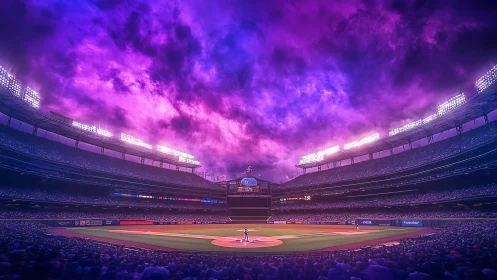 Baseball stadium under vivid purple storm clouds at dusk.