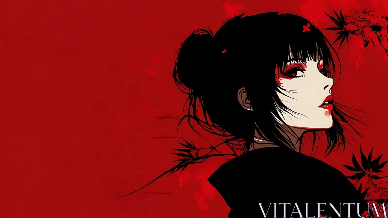 Red-black anime portrait of pale woman with maple silhouettes