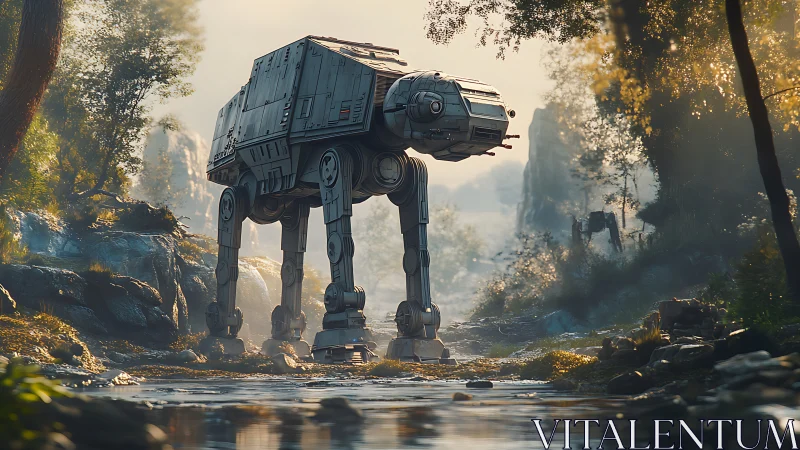 Walker-style combat mech crossing shallow forest stream.