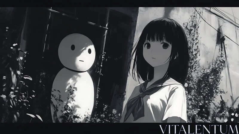 Anime schoolgirl and ghostlike figure in overgrown alley.