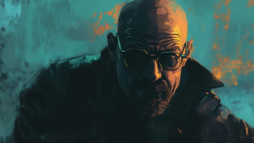 Brooding bald figure in teal and ember contrast portrait