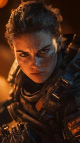 Battle-scarred space ranger locks eyes with molten resolve.